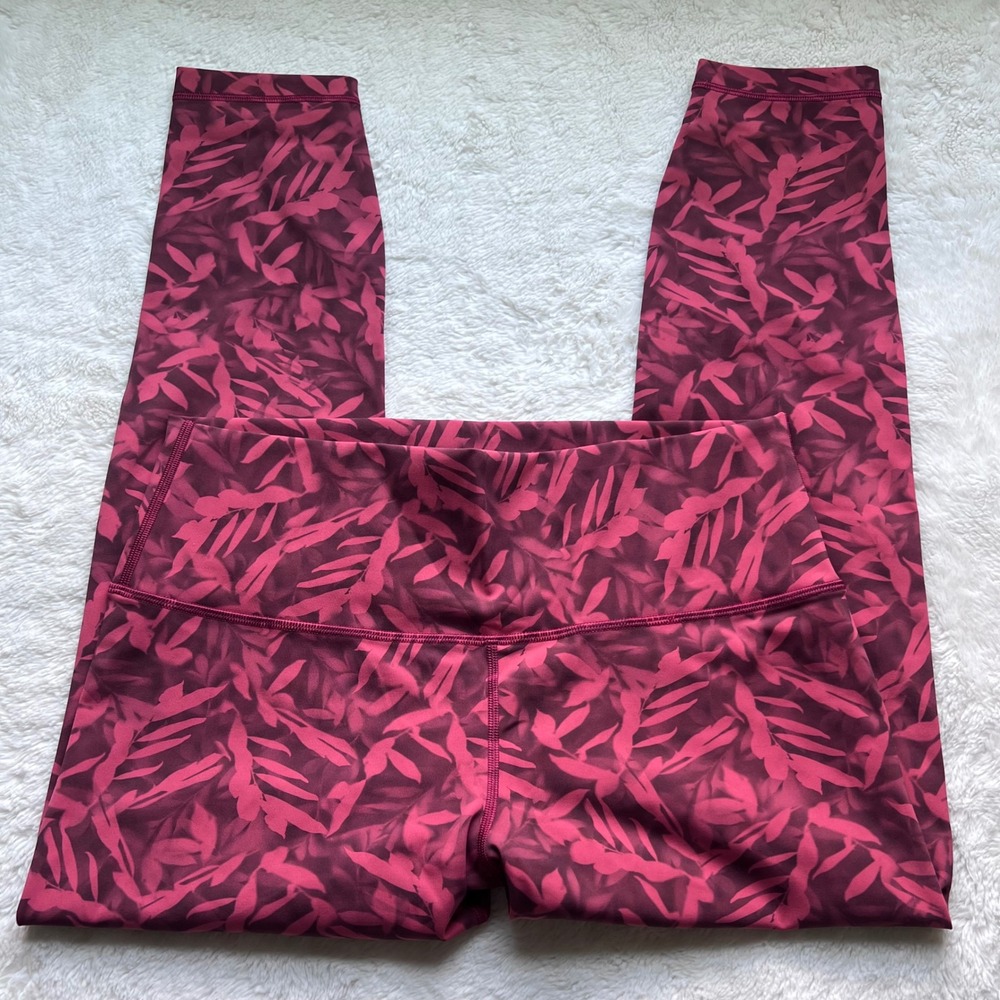 Lululemon High Rise Leggings Pink Burgundy Leaf Print Floral Yoga Pants 7/8 NWOT